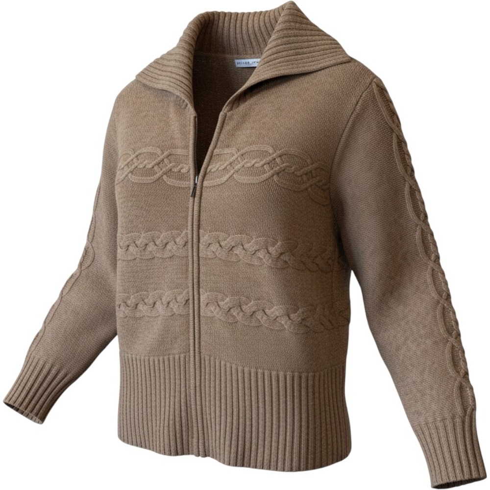 Lambs Wool Women Cardigan 2X Brown Cable Knit Zip Up Sweater Minimalist Luxury